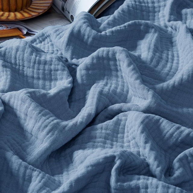 PHF 100% Cotton Muslin Blanket Queen Size 90" x 90", 4-Layer Lightweight and Breathable Blanket, Luxuriously Soft Gauze Blanket for Couch Bed, Prussian Blue
