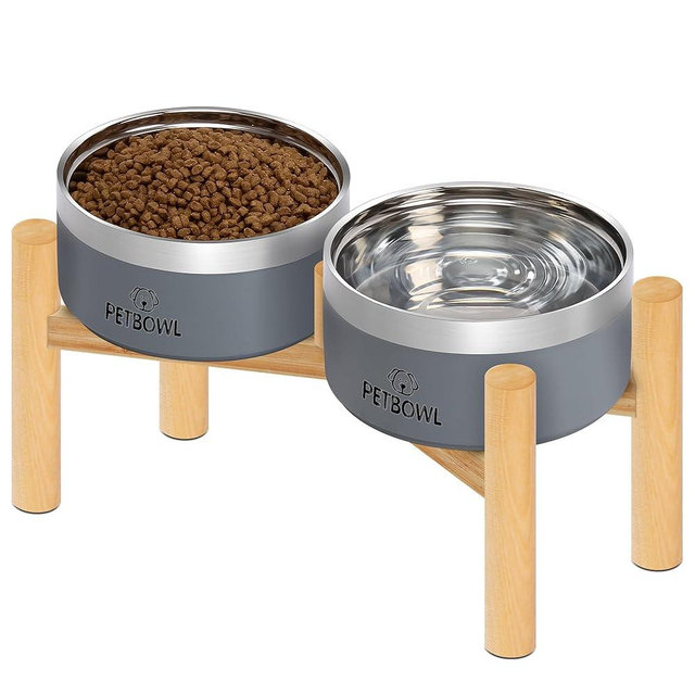 UPSKY Elevated Dog Bowls, Stainless Steel Anti-Spill Pet Bowl Set with Wooden Stand, Double Raised Food and Water Bowls for Small & Medium Dogs and Cats