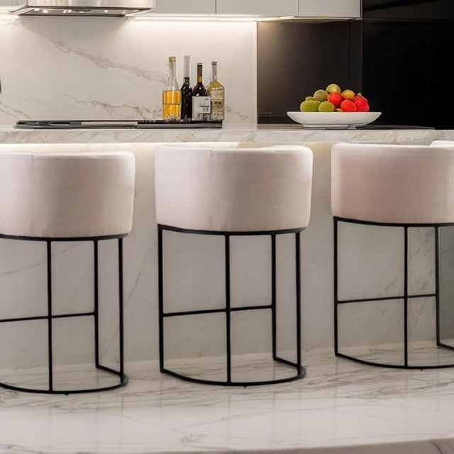 RIVOVA Contemporary Cream Linen Bar Stools Set of 3, 29" Upholstered Fabric Counter Height Barstools Kitchen Counter Island Stools with Black Metal Base