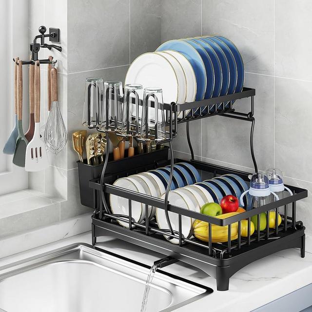 KEKAPE Kitchen 2-Layer Stainless Steel Drying Rack, Household Utensil Storage Rack, Suitable for Kitchen Plates, Knives and Forks, Cups Storage, Includes a Swivel Hook to Hold Rags and Spatula