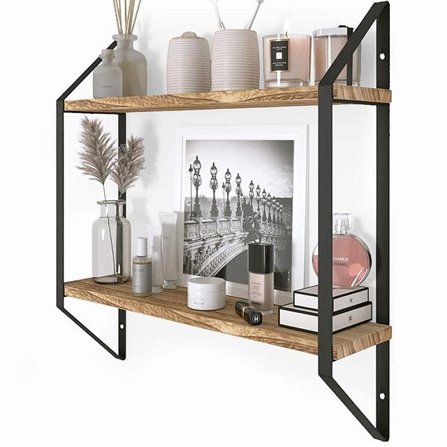 Wallniture Ponza 2-Tier Floating Shelf for Bathroom Organization and Storage Natural Burned Rustic Wood Wall Decor with Metal Brackets