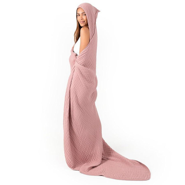 Comfy Cubs Adult Hooded Towel and Wearable Blanket - Large 58'' x 58'', Soft, Absorbent, and Stylish Dual-Function Muslin Towel Hoodie for Bath, Relaxation, and Everyday Use - Mauve