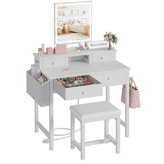 KAI-ROAD White Makeup Vanity Desk with Mirror and Lights, Vanity Set with Chair, Make Up Dresser Table with Drawers and Power Outlet for Girls Bedroom Small Space