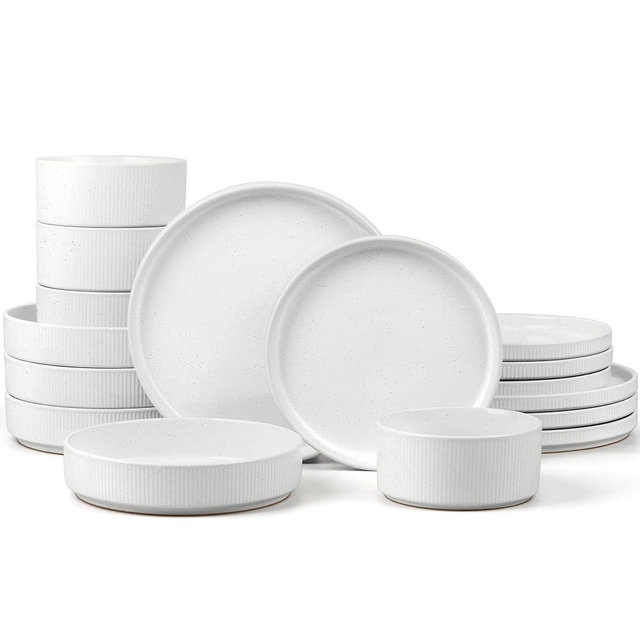 E-far 16 Piece Dinnerware Sets, Plates and Bowls with Pasta Bowls Service for 4, Modern Stoneware Ribbed Dishes for Kitchen Dining, Microwave & Dishwasher Safe, Speckled White