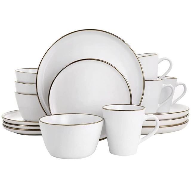 Elama Arthur 16 Piece Stoneware Dinnerware Set in Matte White with Gold Rim (Arthur Paul Louis Set)