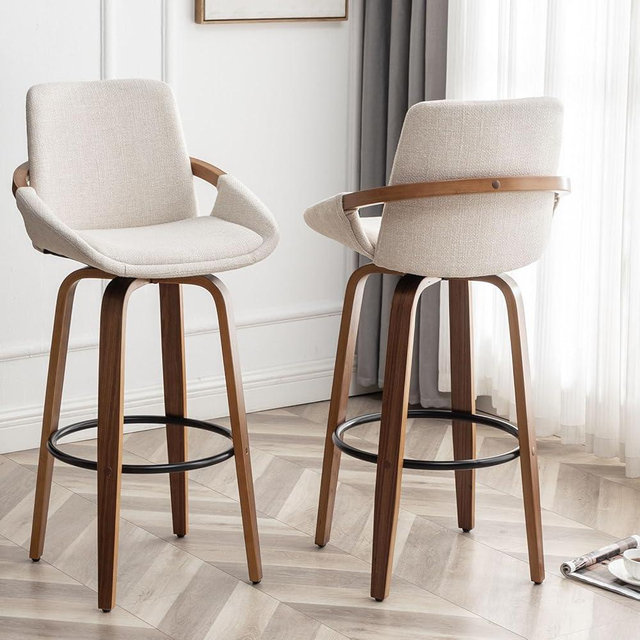 LUNLING 29.5" Bar Height Barstools Set of 2,Mid Century Modern Retro Bar Chairs Charcoal Beige Linen Look Fabric Upholstered and Walnut Wood Frame for Home Bar Furniture(Beige)