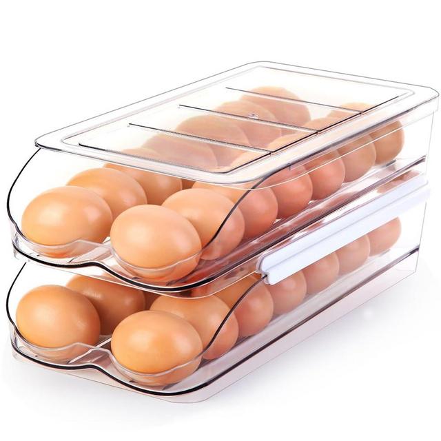 RoskDeewat Egg Holder for Fridge, Automatic Rolling Egg Container for Refrigerator, Stackable Fridge Organizers and Storage with Lid, Clear Plastic Egg Dispenser & Tray (2 Tier)