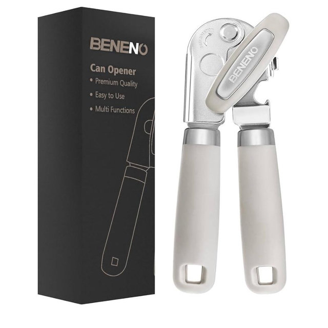 Beneno Can Opener Manual with Magnet, Hand Held Heavy Duty Can Opener with Durable Sharp Blade Smooth Edge, Big Effort-Saving Knob, Soft Grip Rubber Handle, Multifunctional Bottle Opener, Beige
