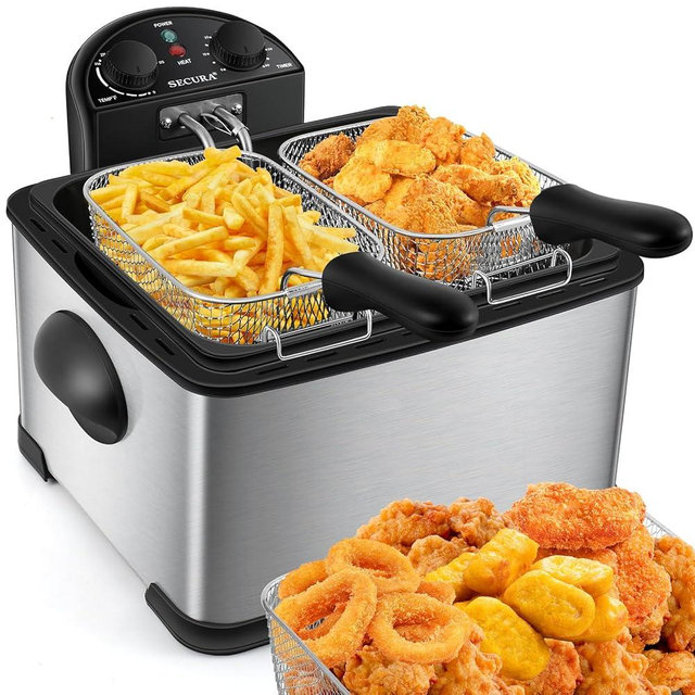 Secura Deep Fryer with 3 Baskets, 21 Cups / 5 Liters Oil Capacity 1700-Watt Stainless-Steel Triple Basket Electric Deep Fryer with Timer Free Extra Odor Filter, Silver