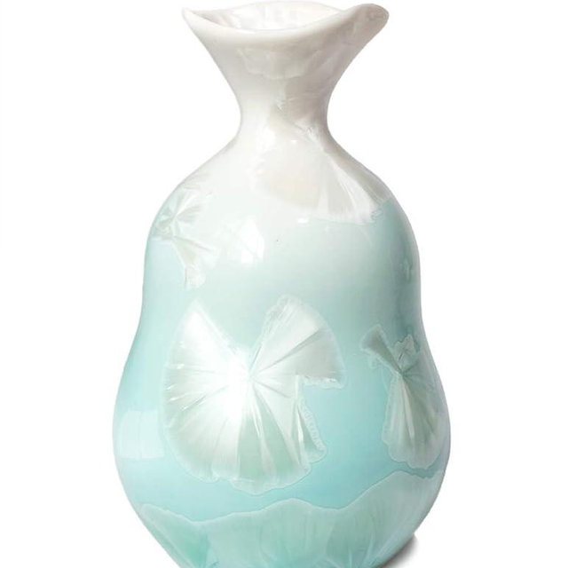 Dahlia Crystalline Porcelain Vase, Handmade Chinese Flower Bud Vase Green, Irregular Shaped 4.5 Inches