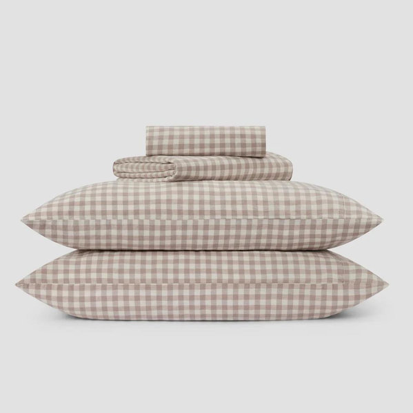 Mushroom Gingham Linen Blend Sheet Set, Queen