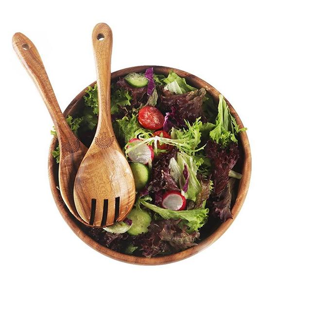 GOLDEN TREE Wooden Salad Bowl with Servers Set, 9.5''x3.1'' Large Acacia Bowl, Decorative Gift, Handmade Carved Wood, Food Safe Toxin Free Serving Dish with Spoon and Fork, Fruit, Soup & Pasta Bowl