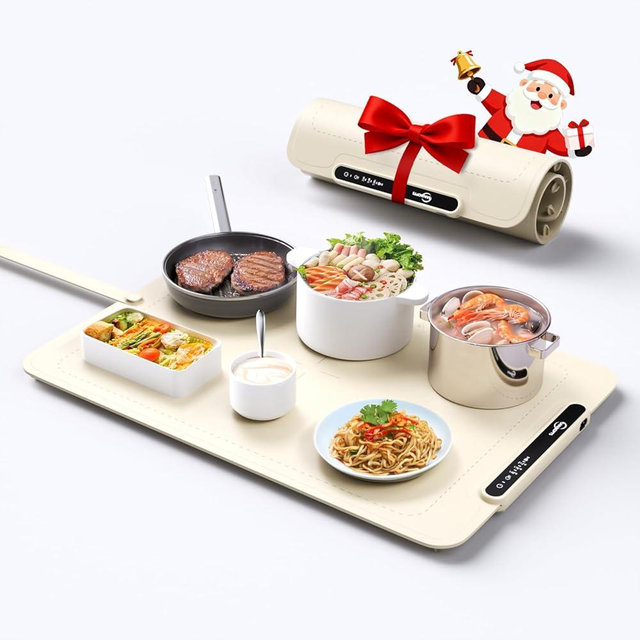 Food Warming Mat - Electric Warming Tray,Tempmaster Adjustable Warming Tray,Elevated Feet Protects Table, Roll-Up Buffet Hot Plates Heat Pad, Portable Food Warmer for Parties and Travel (Beige)