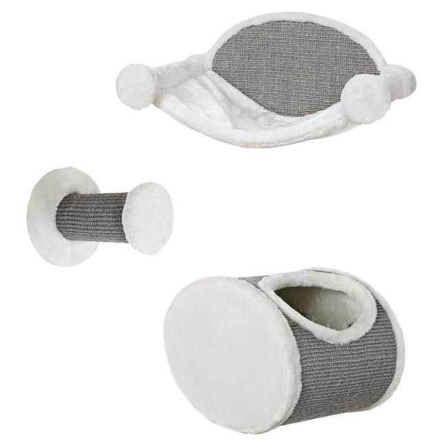 Trixie Liam Wall Mounted Cat Furniture - 3pc Cat Wall Scratcher - Climbing Shelves, Plush & Sisal Covered Condo, Hammock, and Step - Gray