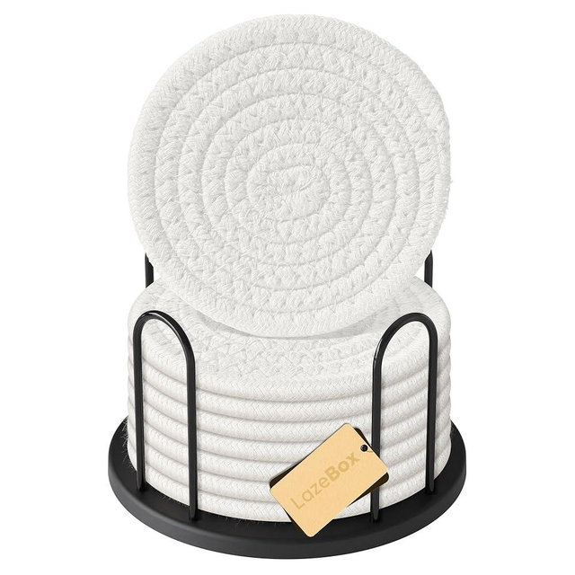 Lazebox Coasters Set of 8 for Drinks, 4 Inch Large Coasters for Coffee Table, Tabletop Protection for Hot & Cold Drinks, Versatile Coasters for Home Decor, Non-Slip & Easy to Clean, White