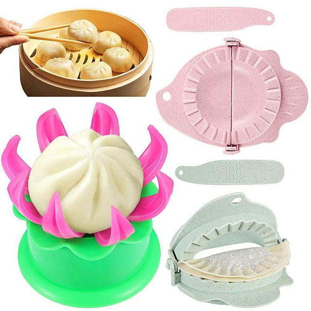 Potchen 5 Pieces Steamed Stuffed Bun Maker and Dumpling Maker Plastic Mold and Filling Spoon Cooking Tools Set for Cooking Delicious Baozi and Jiaozi