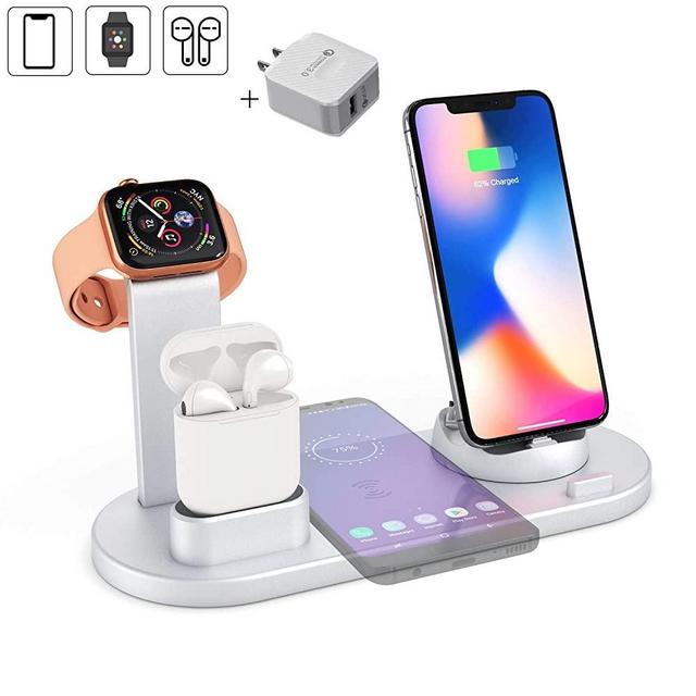Hi Young Wireless Charger,Charging Station for Multiple Devices,4 in 1 Wireless Charging Dock,Compatible Apple Watch/Airpods/iPhone 8/8 Plus/X/XS/XR/Xs Max/11/11 Pro/Samsung Galaxy S10/S9(Silver)
