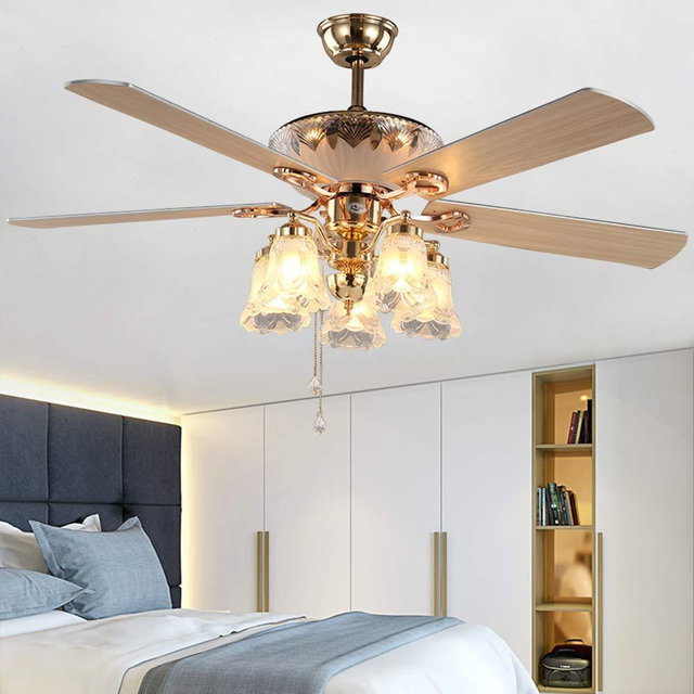 ANFERSONLIGHT 52-Inch Golden Modern Ceiling Fan with 5 Reversible Blades, Frosted Light Kit, Remote Control, Quiet & Eco-Friendly Chandelier Fan Light