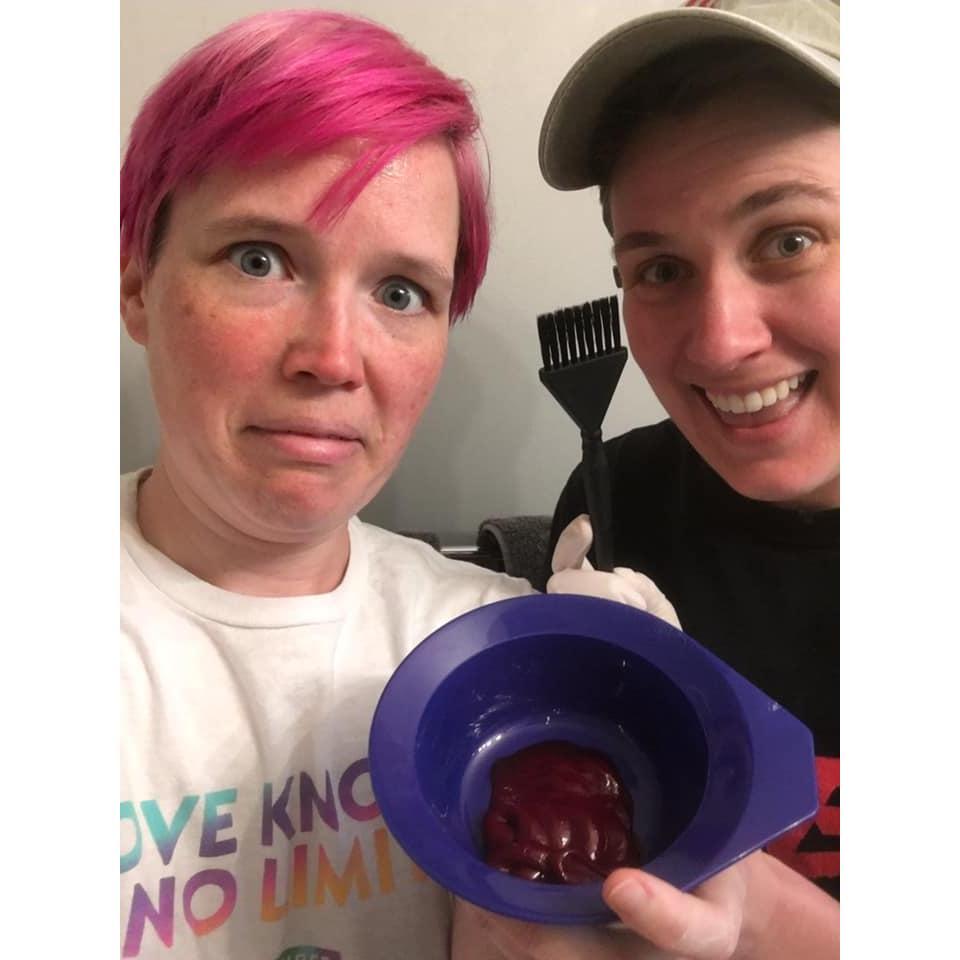 Desperate times call for desperate measures. Charlotte had to dye Rebecca's signature magenta hair during quarantine. (They did a great job!)