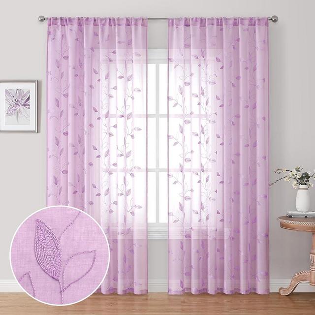 HOMEIDEAS Purple Sheer Curtains 52 X 84 Inches Length 2 Panels Purple Embroidered Leaf Pattern Pocket Faux Linen Floral Semi Sheer Voile Window Curtains/Drapes for Bedroom Living Room