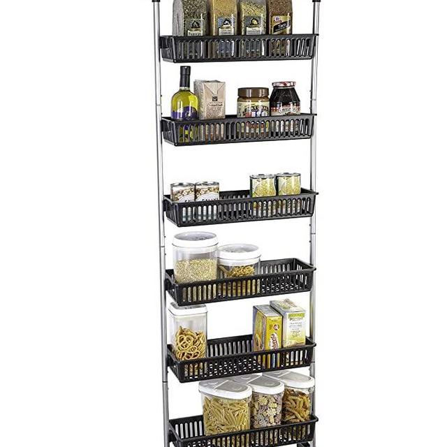 Smart Design Over The Door Pantry Organizer Rack w/ 6 Baskets - Steel & Resin Construction w/Hooks - Hanging - Cans, Spice, Storage, Closet - Kitchen (18.5 x 63.2 Inch) [Black]