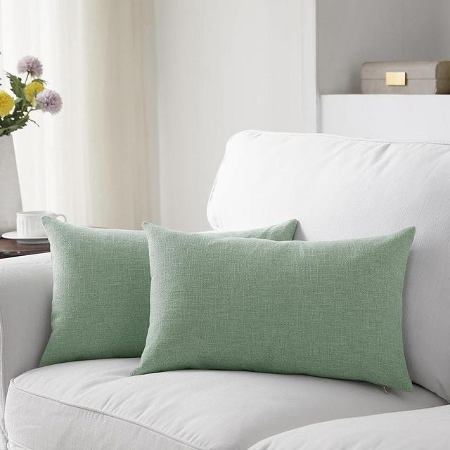 Meekio Set of 2 Sage Green Pillow Covers 12 x 20 Inch Farmhouse Boho Decorative Throw Pillow Covers Linen Cushion Covers for Sofa Couch Décor