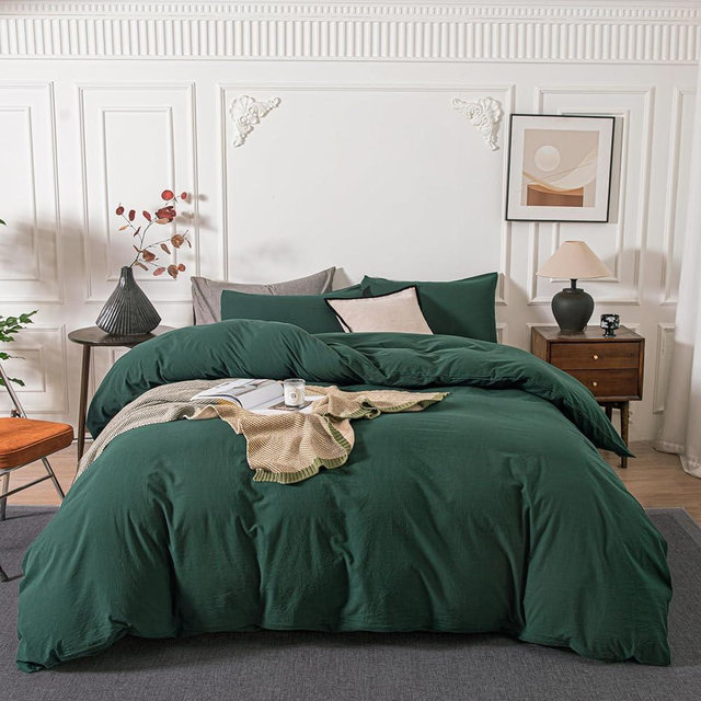 Janlive Washed Cotton Duvet Cover Set Linen Feel Textured Ultra Soft 100% Cotton Solid Color Forest Green Duvet Cover Set with Zipper Closure -3 Pieces Dark Green King