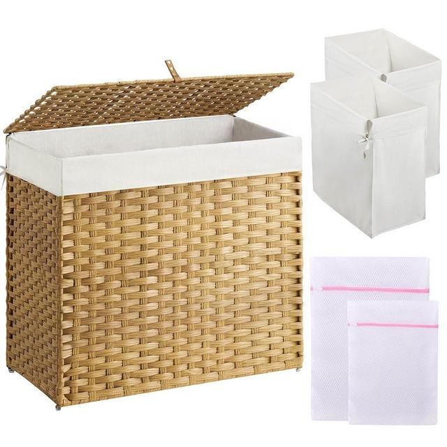 Greenstell Laundry Hamper with Lid, 125L Laundry Basket with 2 Removable Liner Bags & 2 Mesh Bags, Handwoven Synthetic Rattan Clothes Hamper for Clothes, Toys in Bathroom, Bedroom, Foldable, Natural