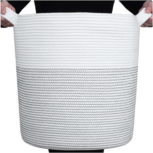 MINTWOOD Design Extra Large 20 x 18 Inches Decorative Woven Cotton Rope Basket, Tall Laundry Basket Hamper, Blanket Basket for Living Room, Round Storage Baskets for Pillows, Towels, Black Stitching