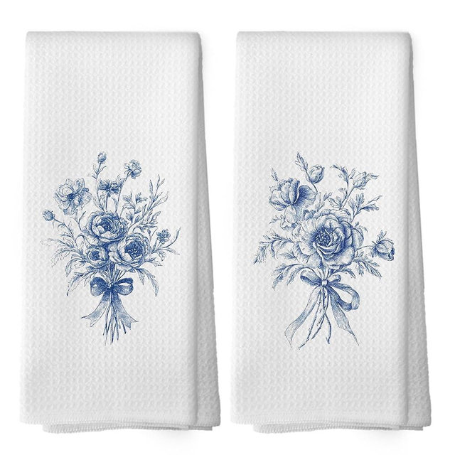 Mcehtle Vintage Blue and White Flower Botanical Kitchen Towels Set of 2, Modern Line Rose Drawing Floral Bouquet Hand Towel for Kitchen Bathroom, Spring Decorative Tea Dish Towels 16x24 Inch