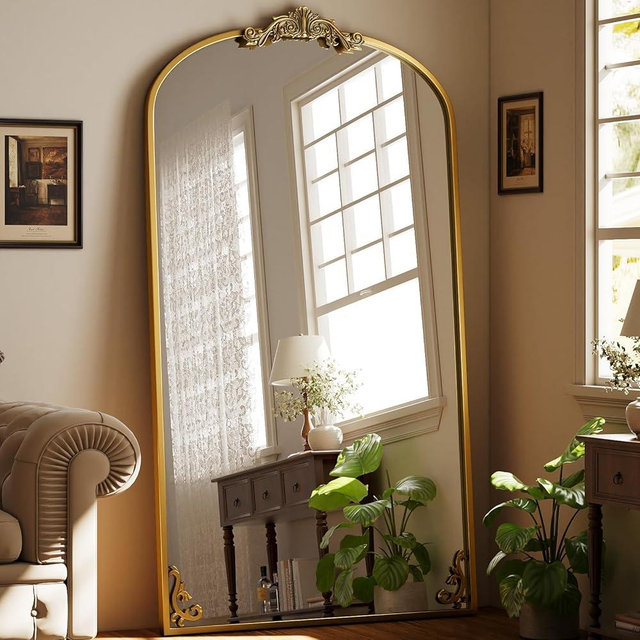 Easly Arched Full Length Mirror, 44"x 72" Large Full Body Mirror with Vintage Carved Metal Frame for HomeDecor, Oversized Floor Mirror for Wall for Bedroom, Living Room, Cloakroom, Gold, Retro Style