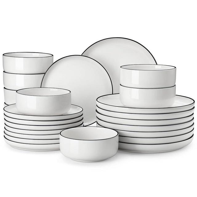 MALACASA Plates and Bowls Sets, 24 Pieces Modern Porcelain Dinnerware Set for 8 White Kitchen Dinner Dining Ware Set wtih Black Rim Ceramic Dishware Dishes Microwave and Dishwasher Safe, Series LUNA
