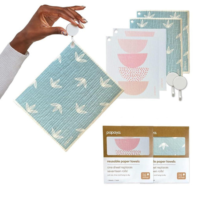 Papaya Reusable Paper Towels 4-Pack - 4 Sheets + 2 Hooks, Quick Drying, No Odor, 1 Sheet Replaces 17 Rolls, Washable Kitchen Cloth, Sustainable Dish Sponge, Eco Friendly Gift (Lazy Sundays)