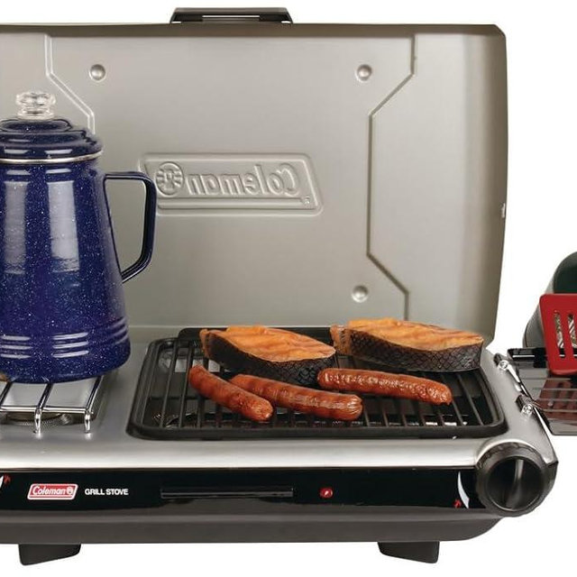 Coleman Tabletop 2-in-1 Grill & Stove with 2 Adjustable Burners, Propane Grill/Stove with Push-Button Starter, Wind Guards, Grease Tray, & 20,000 BTUs of Power for Camping, Tailgating, & More