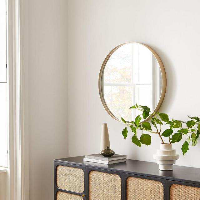 Deep Framed Metal Wall Mirror, Round, Brushed Nickel, 30 inch
