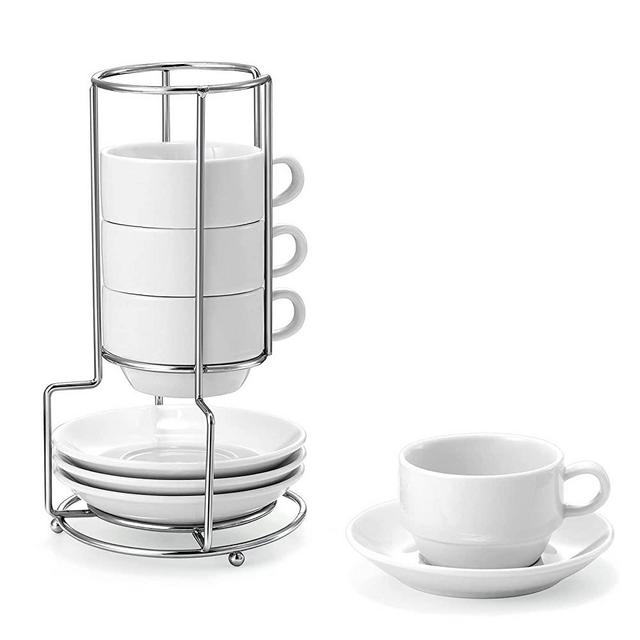 Yedio Porcelain 4 oz Coffee Cups with Saucers and Metal Stand, Porcelain Stackable Cappuccino Cups with Metal Stand, White, Set of 4 (4 oz)