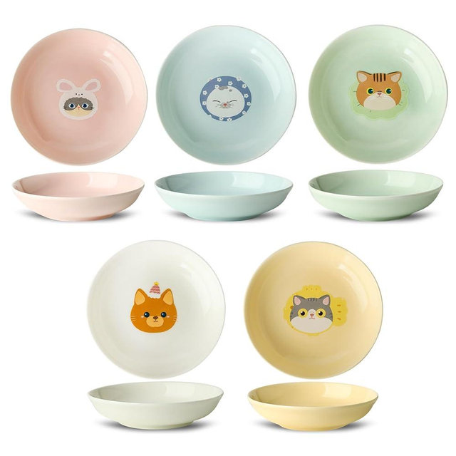 Seyatoo Ceramic Cat Bowls Set - 5.5 inch Cat Food Bowls Whisker Fatigue Friendly, 5 Wide Cat Plates for Wet Food Dry Food Water