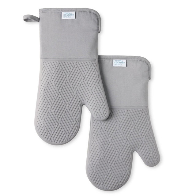 TOWN & COUNTRY BASICS Basketweave Soft Silicone Oven Mitt 2-Pack Set, Heat Resistant up to 500F, Flexible Silicone, Non-Slip Grip, Grey, 7.5"x13"