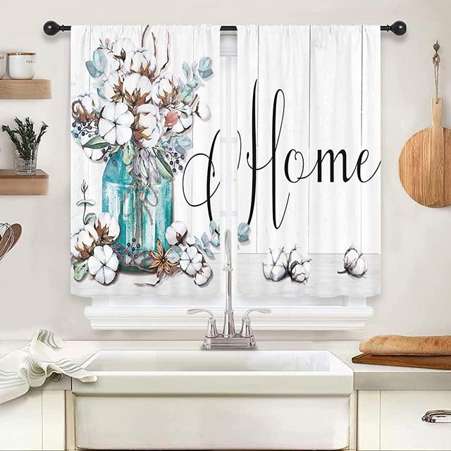 Riyidecor Wooden Plank Kitchen Curtains 55x39 Inch Rod Pocket Forever Home Mason Jar Floral Country Rustic Wood Board Flower Leaves Printed Living Room Bedroom Window Drapes Treatment Fabric 2 Panels