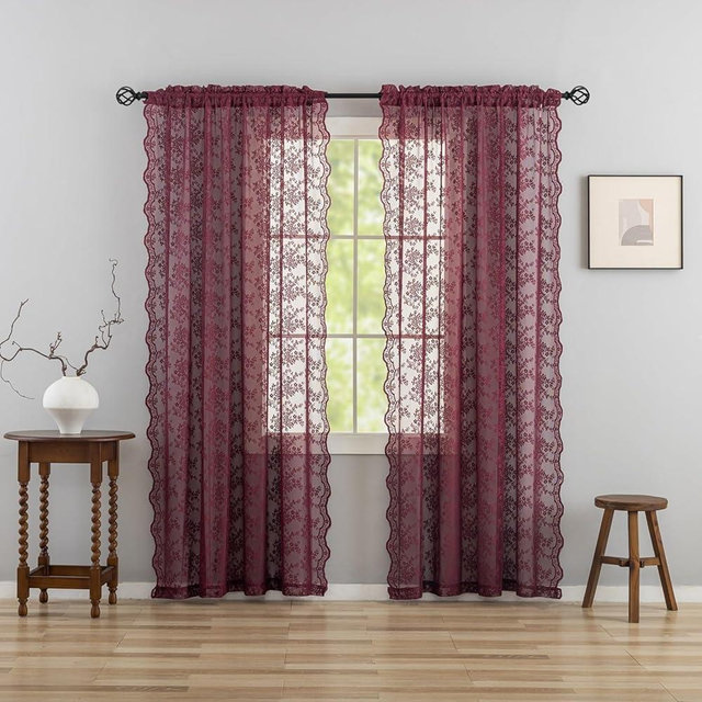 YJ YANJUN Vintage Lace Curtains 96 Inches Long-Victorian Floral Burgundy Xmas Curtain Panels for Living Room 2 Panels Privacy 8ft Holiday Christmas Seasonal Themed Winter Decor 52" W x 96" L Maroon