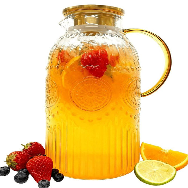 Amzcku Glass Pitcher with Lid, 1 Gallon/128 oz Vintage Water Pitcher,Water Carafe for Cold Brew, Coffee, Lemonade, Iced Tea,Beverage, Heat Resistant Water Glass Jug 1Pack