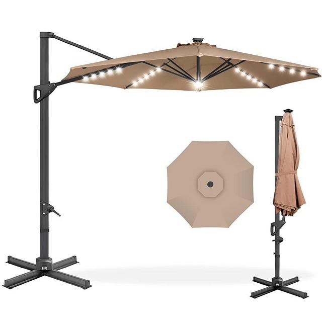 Best Choice Products 10ft Solar LED Cantilever Patio Umbrella, 360-Degree Rotation Hanging Offset Market Outdoor Sun Shade for Backyard, Deck, Poolside w/Lights, Easy Tilt, Cross Base - Tan