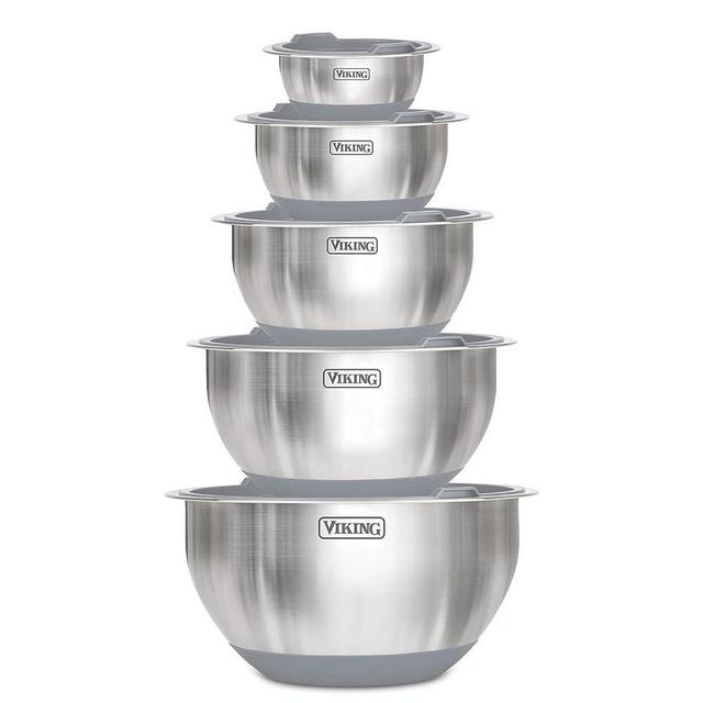 Viking Culinary Stainless Steel Mixing Bowl Set, 10 piece, Non-slip Silicone Base, Includes Airtight Lids, Dishwasher Safe, Grey