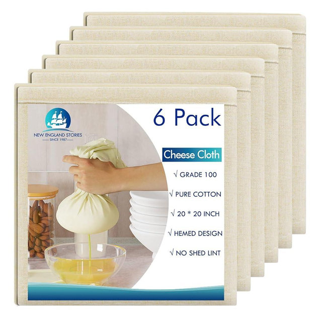 6 PCS Reusable Cheesecloth, Grade 100, 20x20 Inch Hemmed Cheese Cloth for Straining Craft, 100% Cotton Unbleached Cloth Strainer for Cooking, Baking, Juicing, Cheese Making (40×50 Threads)