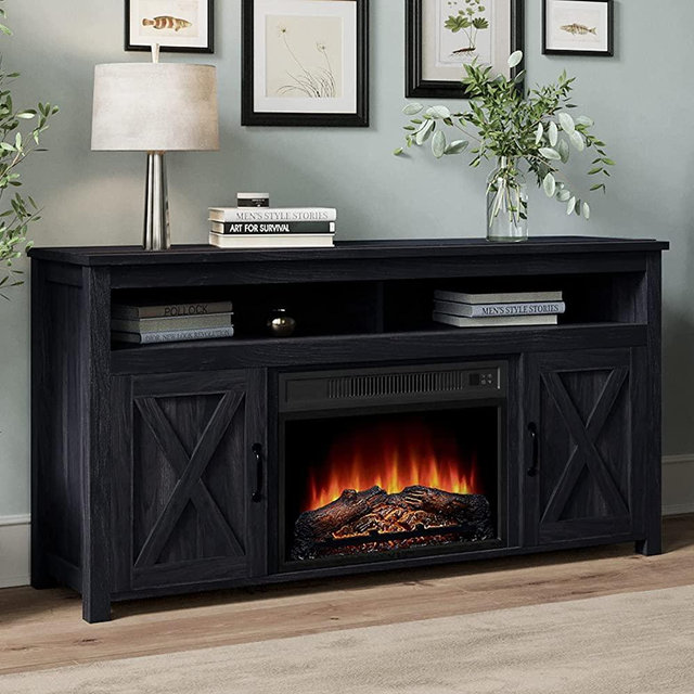 BELLEZE 58" TV Stand with 23" Electric Fireplace, Barn Door TV Stand for TVs up to 60", Wood Entertainment Center with Open Shelves and Cabinets - Corin (Rustic Grey)