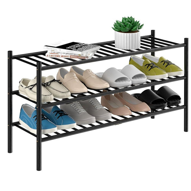 ROMGUAR CRAFT 3-Tier Bamboo Long Shoe Rack, Free Standing Wood Shoe Shelf Storage Organizer for Closet Entryway Stackable 35"x11"x20" (Black)