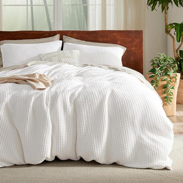 Bedsure Cooling Waffle Duvet Cover Queen - Cotton Blend Rayon Derived from Bamboo Duvet Cover for Hot Sleepers, Breathable Bedding Set with a Vintage Charm, 3 Pieces (Coconut White, Queen, 90"x90")