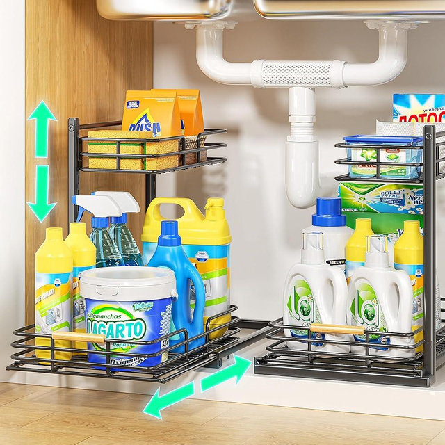 Delamu Under Sink Organizers and Storage, 2 Pack Under Kitchen Sink Organizer, Height Adjustable Bathroom Cabinet Organizer, Pull out Under Cabinet Organizer and Storage, Black