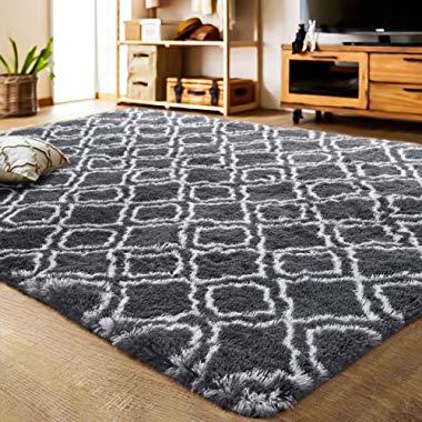 LOCHAS Luxury Velvet Shag Area Rug Modern Indoor Plush Fluffy Rugs, Extra Soft and Comfy Carpet, Geometric Moroccan Rugs for Bedroom Living Room Girls Kids Nursery (5x8 Feet, Dark Grey/White, HS2)