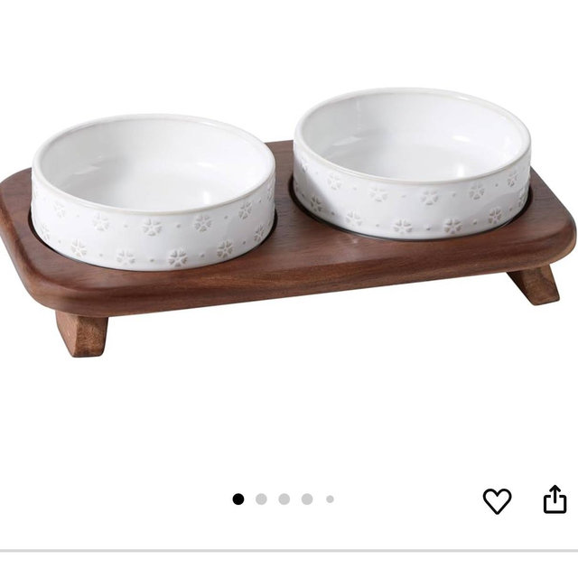 6.1inch Raised Double Cat Bowls Set with Acacia Wood Stand, Wide Whisker Friendly Ceramic Food & Water Bowls for Cats, Puppy, Kitty, Pet Bowl(Double Bowls+Stand, Arctic White)